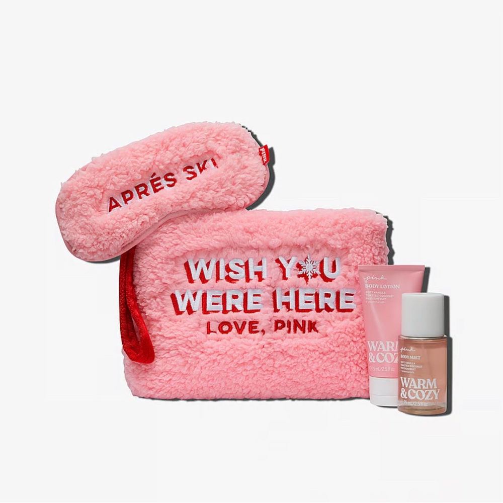 New PINK WISH YOU WERE HERE Fleece Travel Set